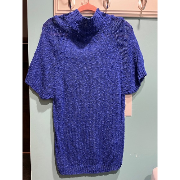 James St John Women Blue Knit Mock Neck Short‎ Sleeve Sweater Top M - Picture 2 of 4